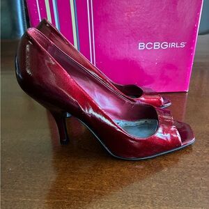 BCBGirls Ruby Red Tumbled Pearl Patent Leather Ariel Peep-Toe 3.5" Heels